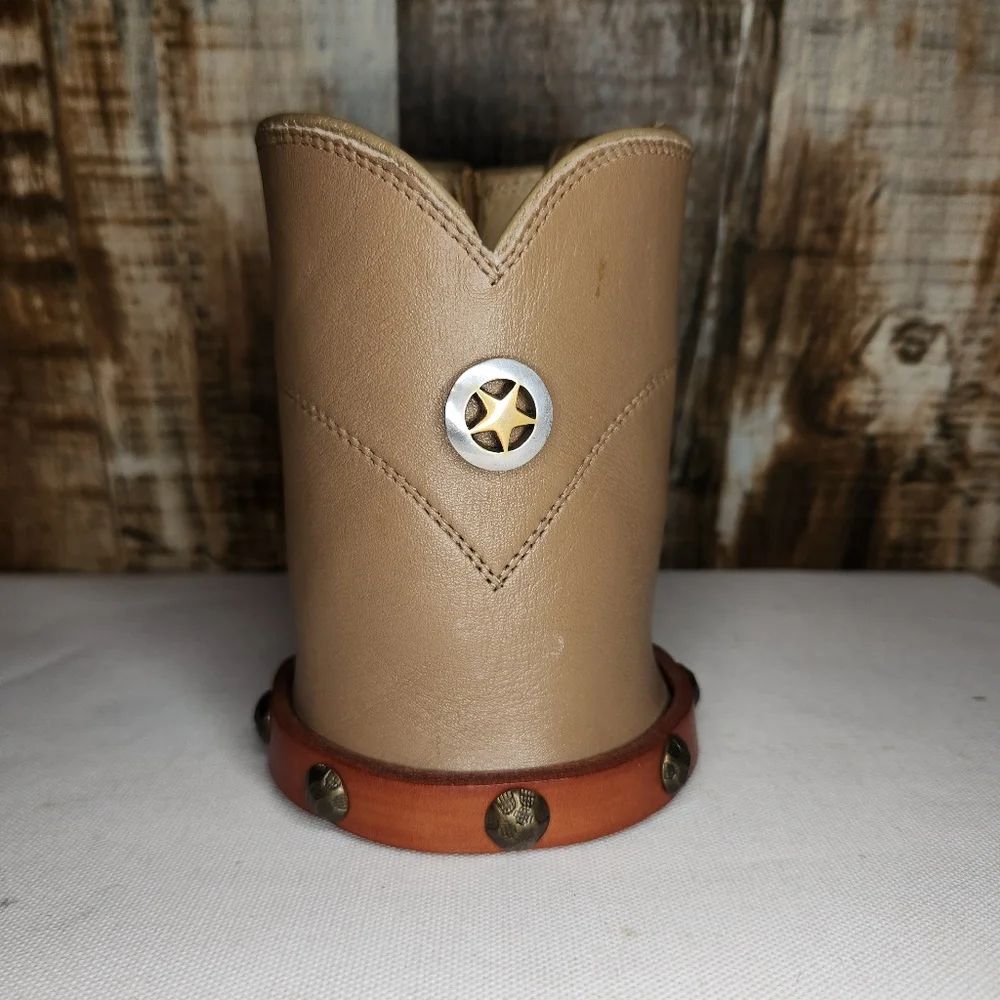 Vtg Leather Boot Cowhide Concho Western Beer Can Bottle Holder Koozie Set Pair - Picture 8 of 16